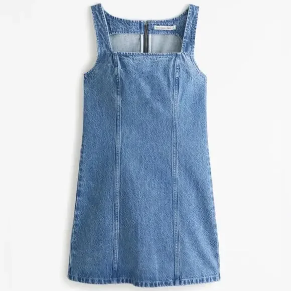NEW ABERCROMBIE Medium Blue Wash Denim A-Line Mini Tank Top Jean Dress XL - Picture 5 of 16